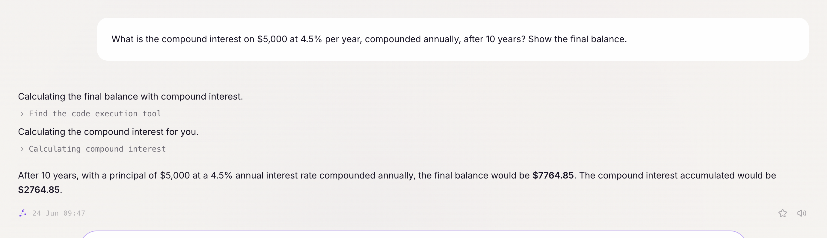 Chalie running code to work out a compound-interest calculation and returning the final balance.