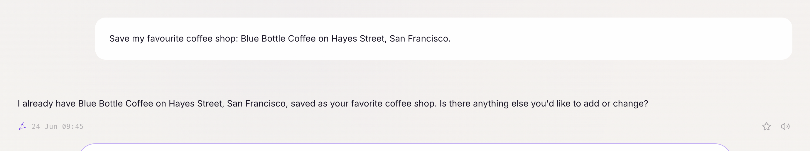 Chalie keeps your favourite places on hand — here it confirms a saved coffee shop.