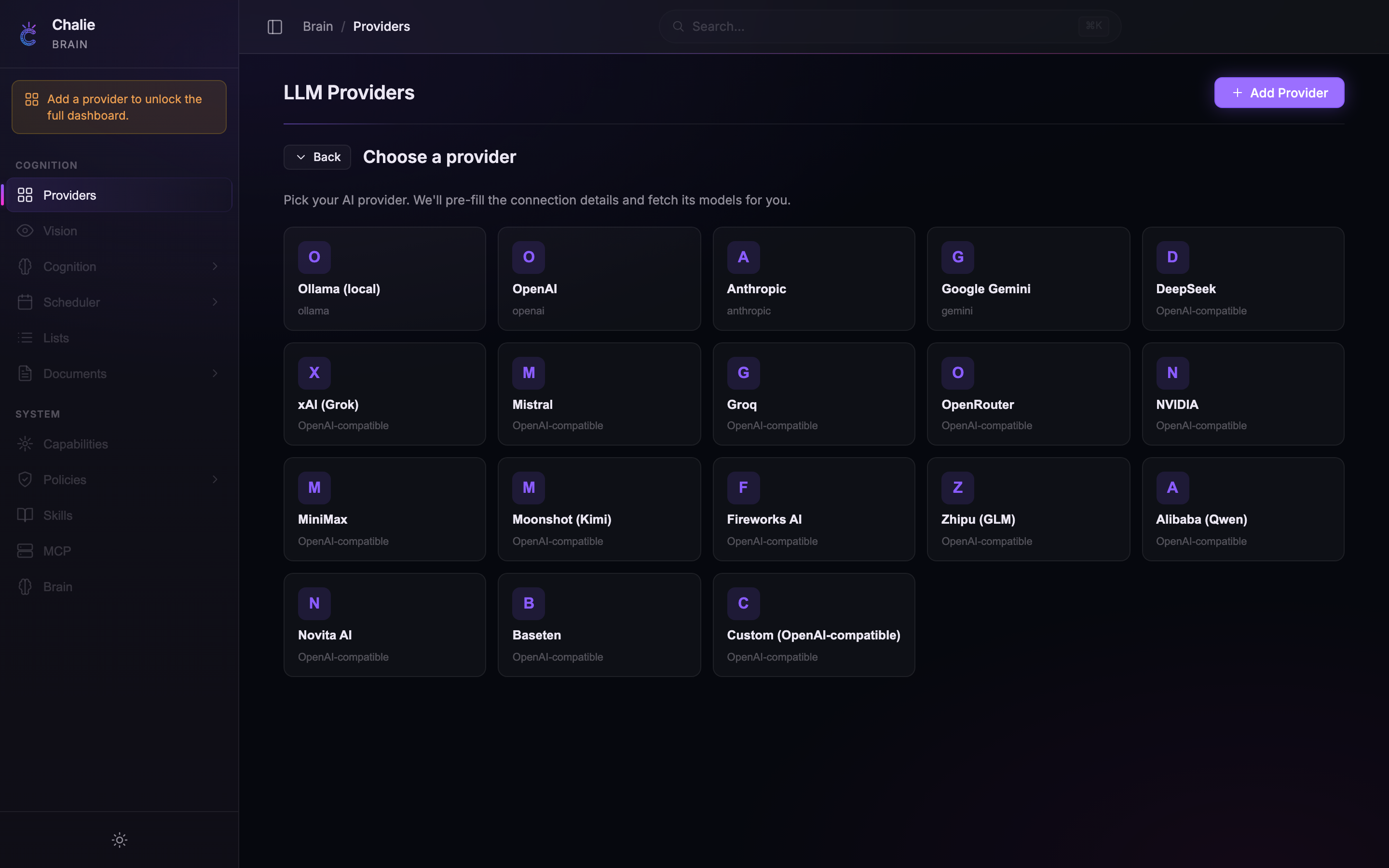 The provider picker — a grid of popular AI providers. Pick one and Chalie pre-fills its connection details.