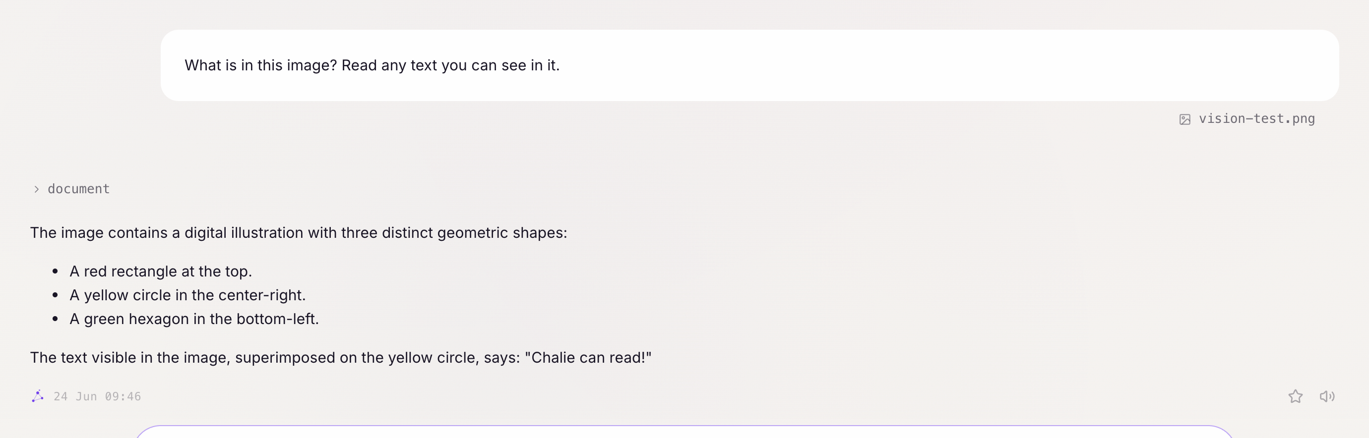 Chalie looking at an uploaded image — it describes the shapes it sees and reads the text inside it.