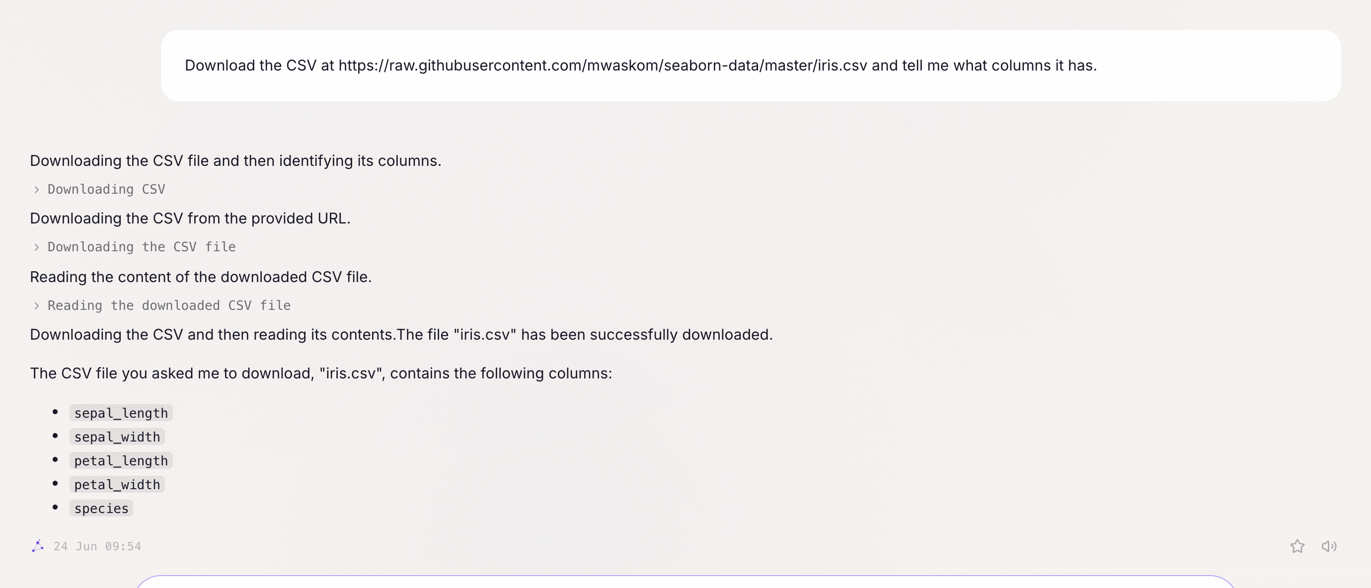 Chalie downloading a CSV and reading back its columns in the same conversation.